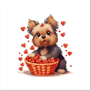 Cartoon Yorkshire Terrier Dog in Hearts Basket Posters and Art